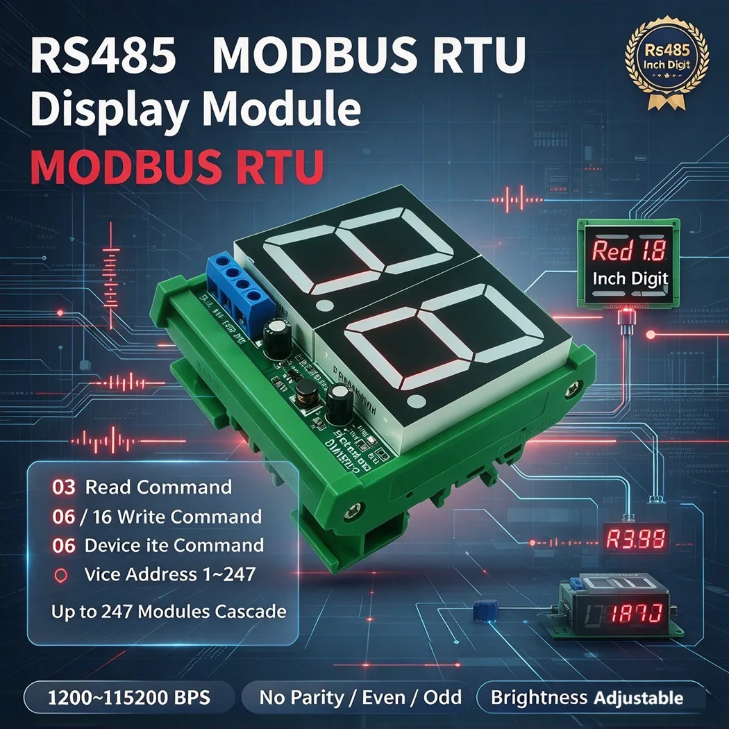 Modbus RTU RS485 Digital Tube Display 1.8Inch Red LED DC6-28V Cascade Support Adjustable Brightness DIN Rail Optional