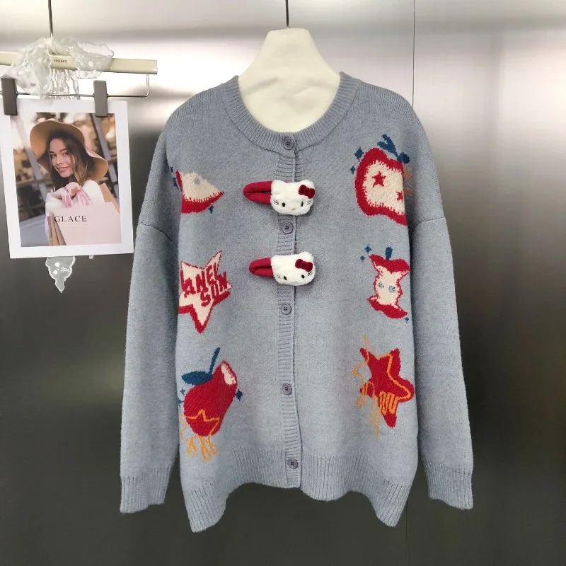 Fun Cartoon Jacquard Stylish Sweater Coat New Design Sense Unique Design Fashion Loose Knitted Cardigan Single-breasted Knitwear