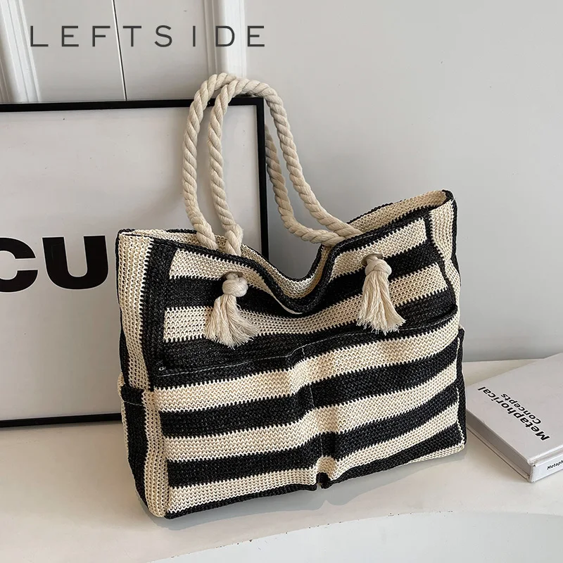 

LEFTSIDE Stripe Big Weave Straw Tote Bags for Women 2024 Summer Y2k Korean Fashion Summer Shoulder Bags Handbags Beach Bag