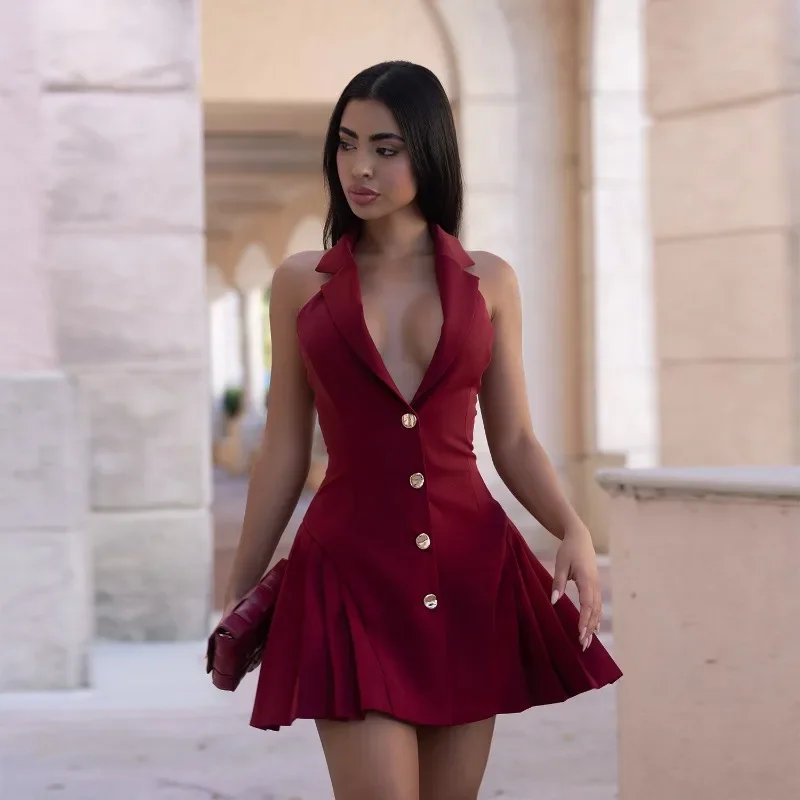 

GUWU Women's Sexy V-neck Halter Neck Backless Short Dress Fashion Ruched Mini Party Dress