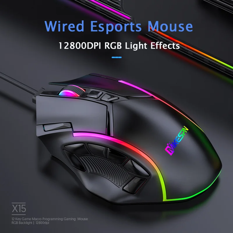 Wired Game Mouse 12800 DPI Adjustable Variable Weight RGB Lighting Multiple Function Button Macros Esports Gaming Big Hand Mause