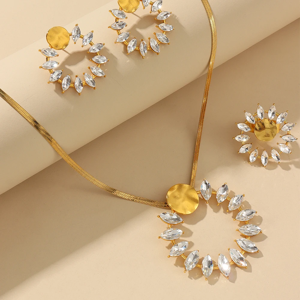 2024 New Stainless Steel 18 K Gold Plated Exaggerated large pendant necklace + earrings + ring jewelry set for Women   Jewelry