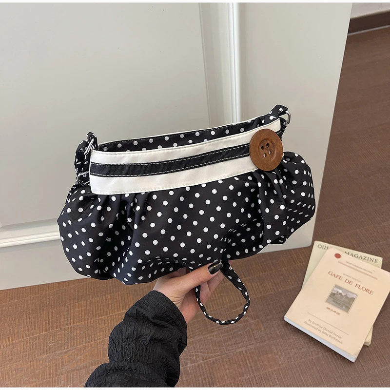 Koreanische Polka-Dot Plissierte Stern-Streifen Hobo Unterarm-Schultertasche, Süße Niedliche Damenhandtasche, Leichte Stoff-Freizeittasche für Frauen – Detail 27