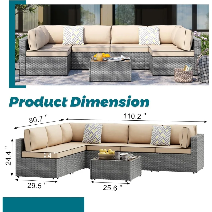 7 قطعة مجموعات المحادثة في الفناء في الهواء الطلق عالية الظهر جميع الأحوال الجوية الروطان أريكة الاقسام مع طاولة شاي ووسائد الأريكة قابل للغسل ل