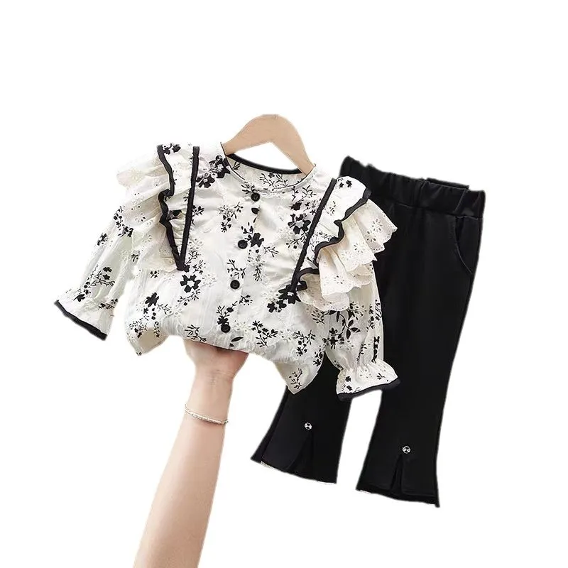 Spring Girls\' Clothing Sets Autumn Children\'s Clothing Fashion Lace Lace Shirt+Bellbottom Pants Set for Baby Girls Kids Clothes