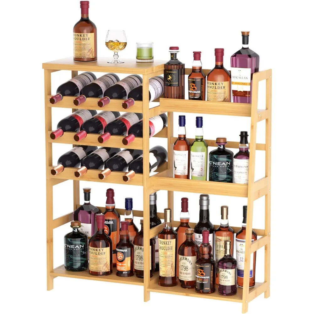 حامل بار منزلي متعدد الاستخدامات مع رف نبيذ شبه منحرف من الخيزران وطاولة صغيرة لعرض زجاجات الخمور على الأرض