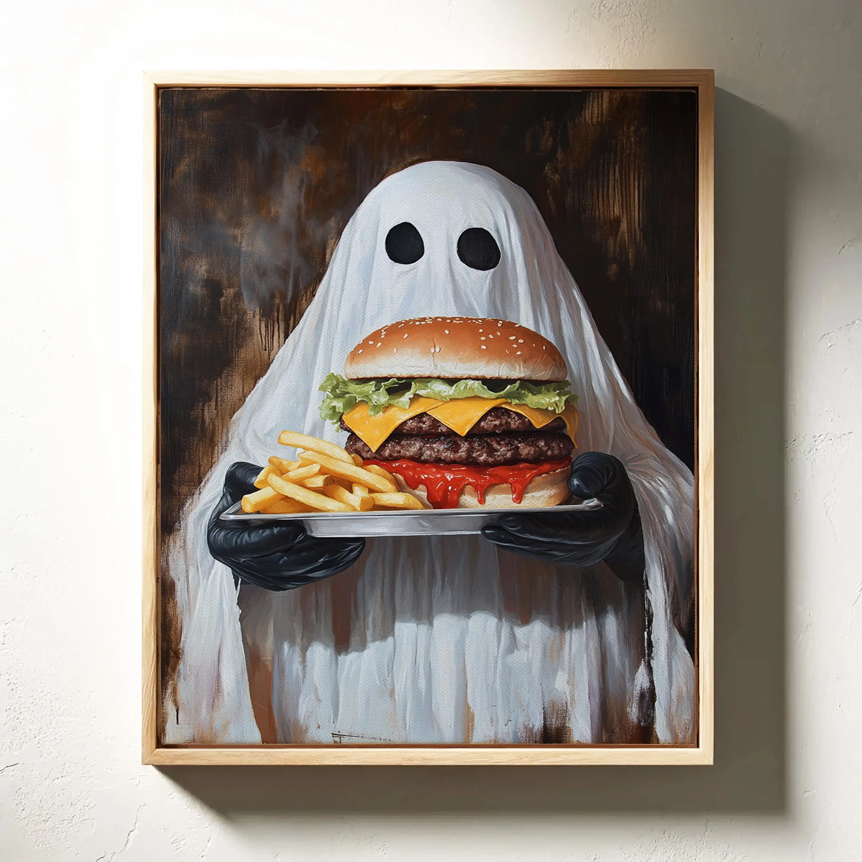 Home Bedroom Kitchen Decor 1pc Horror Thriller Halloween Art Mural, Humorous Ghost and Burger Fries Frameless Canvas Painting