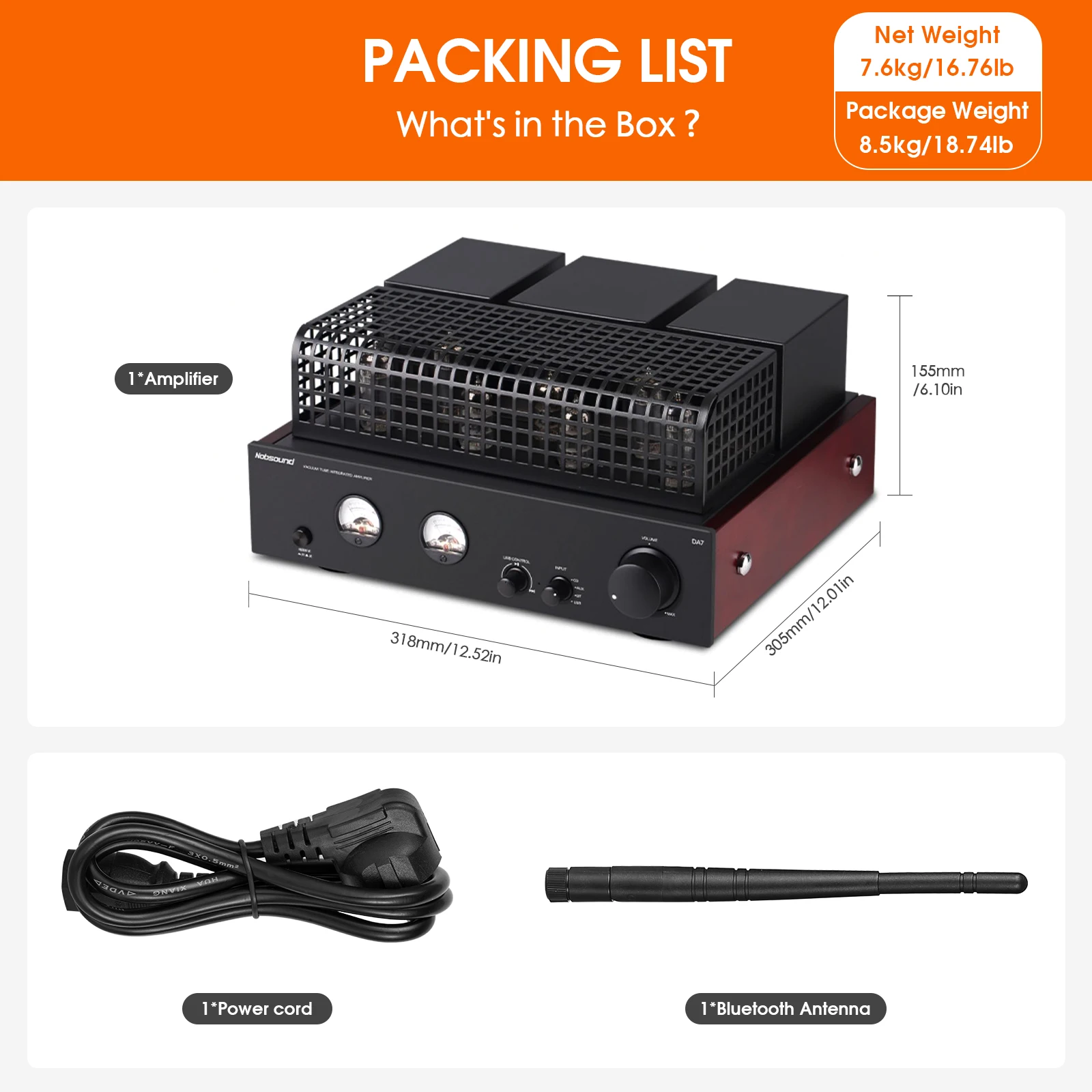 Nobsound DA7 HiFi فراغ مُضخّم صوت بلوتوث استقبال ستيريو الصوت المنزلي أمبير USB DAC مع VU متر