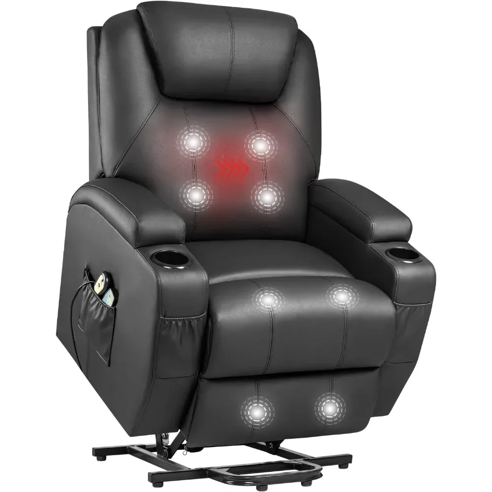 Power Lift Recliner Chair with Massage and Heating Functions, PU Leather Sofa with Remote Control and Two Cup Holders