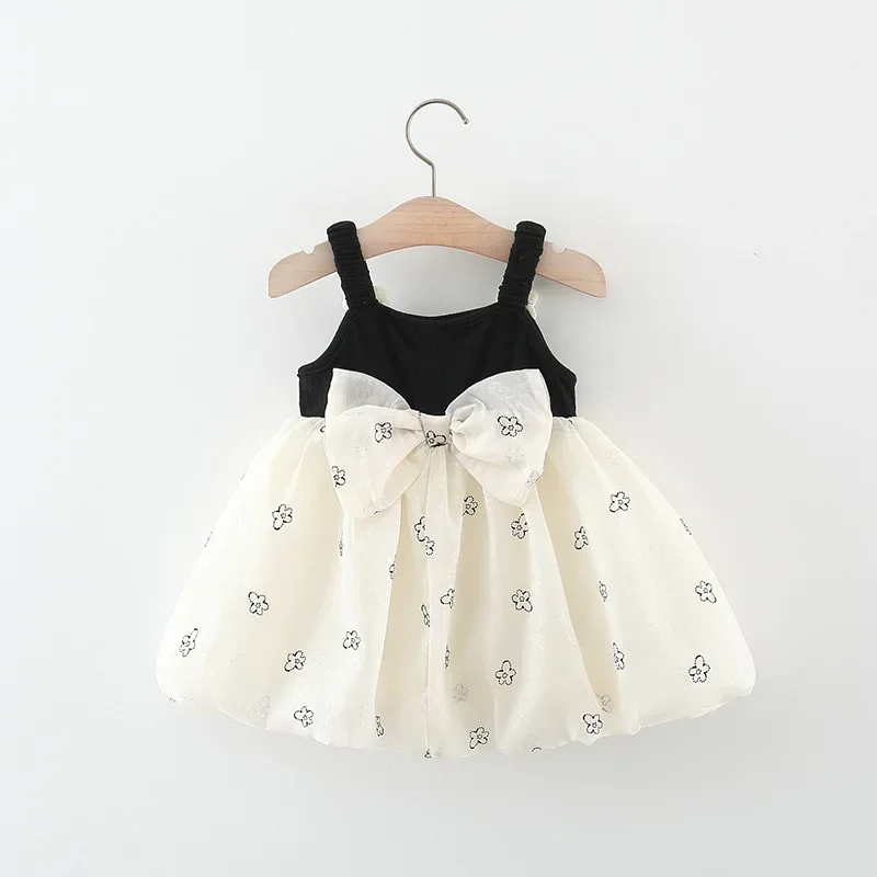 New Girls' Dress Summer Children's Knitted Top Flower Embroidered Mesh Bow Sweet Princess Sling Dress