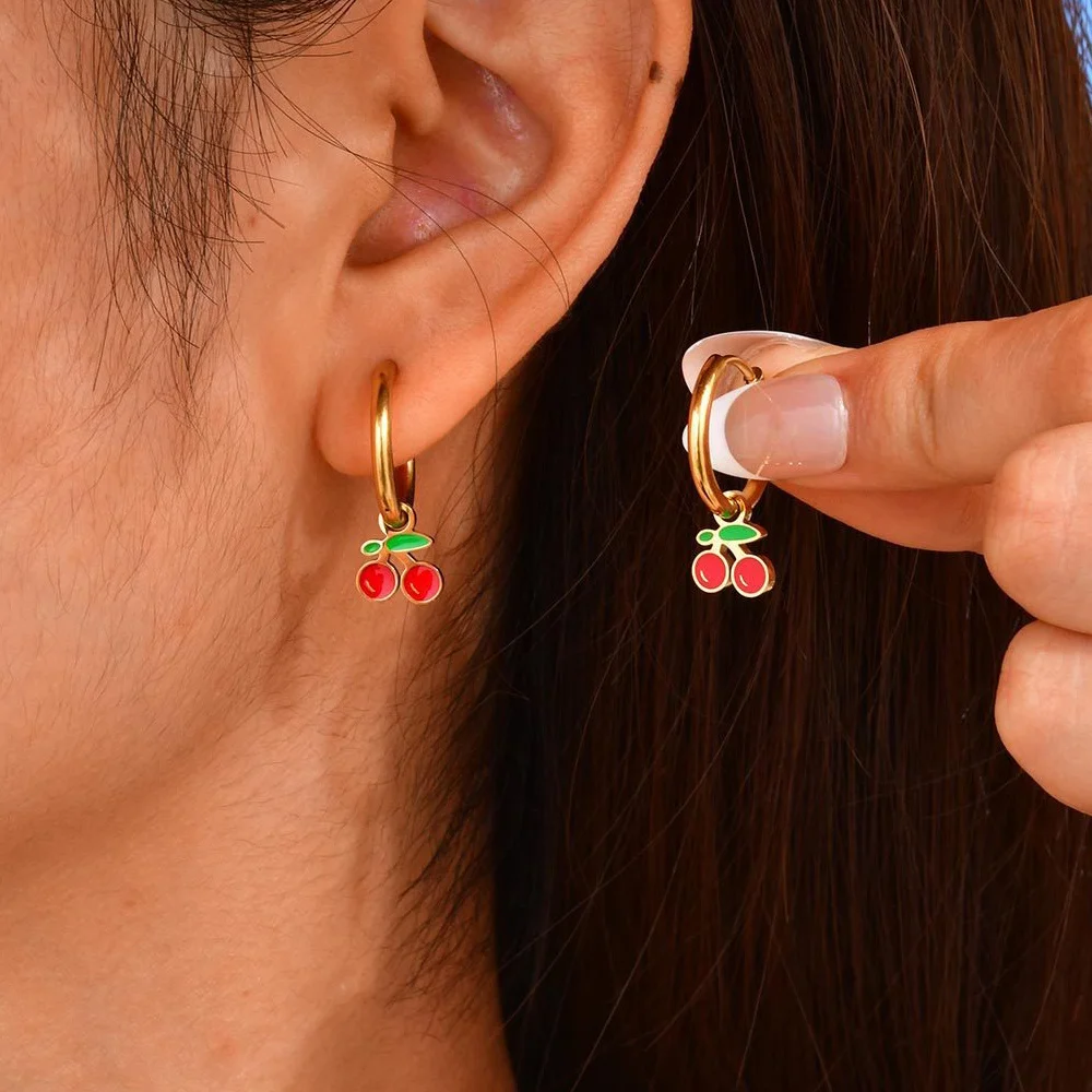 Gold Plated Stainless Steel Enamel Cherry Charm Huggie Hoop Earrings Tarnish Resistant Hypoallergenic Cute Fruit Jewelry for Wom