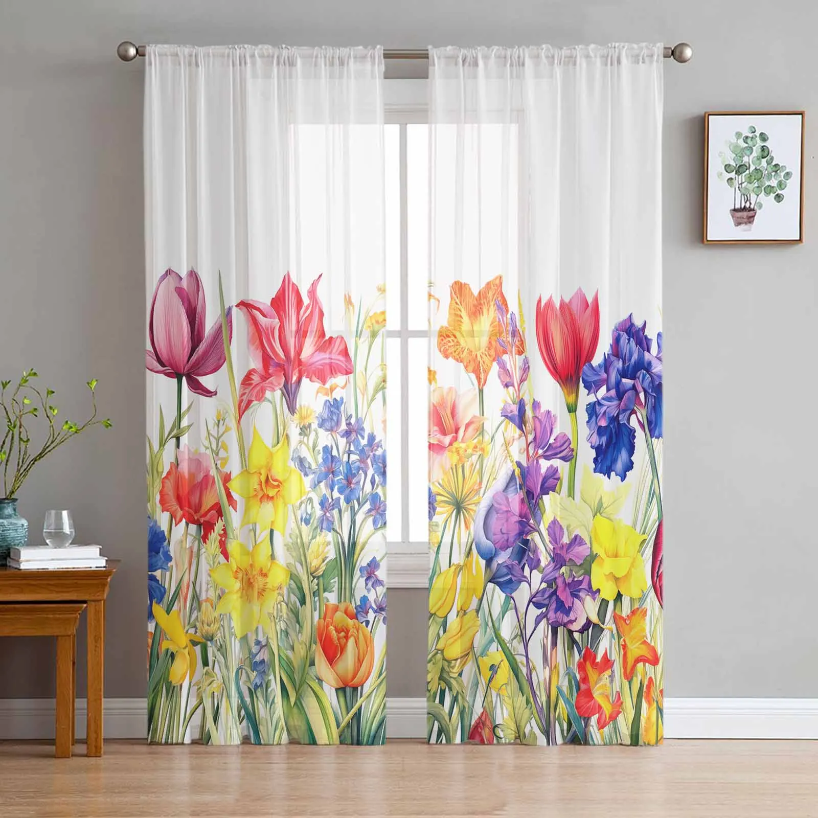 

Flower Watercolor Spring Butterfly Tulip Lavender Tulle Sheer Window Curtains for Living Room Bedroom Voile Hanging Curtain