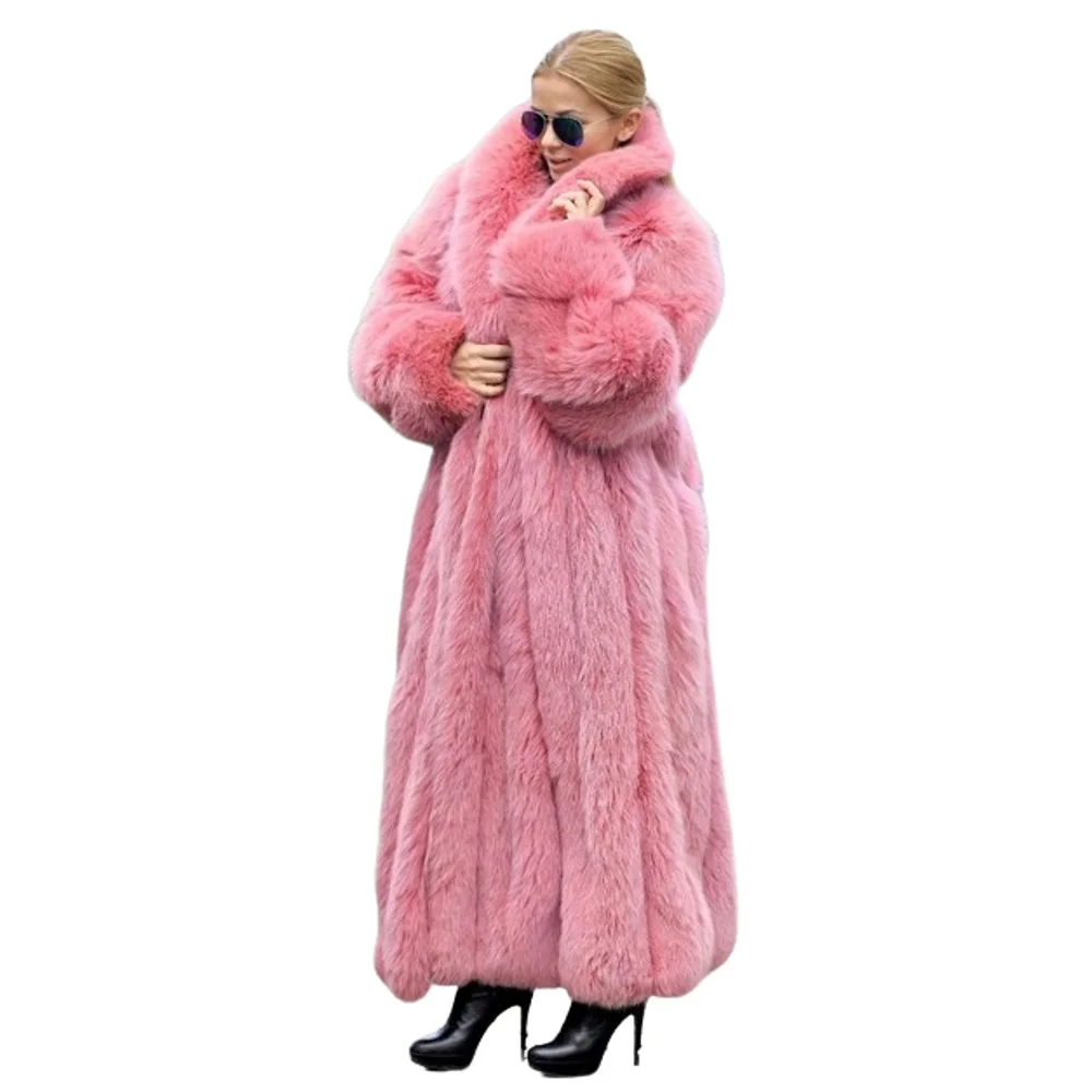 ใหม่เสื้อขนสัตว์Fauxผู้หญิงสีชมพูหนายาวสิ่งแวดล้อมขนสัตว์Faux Fur Coat