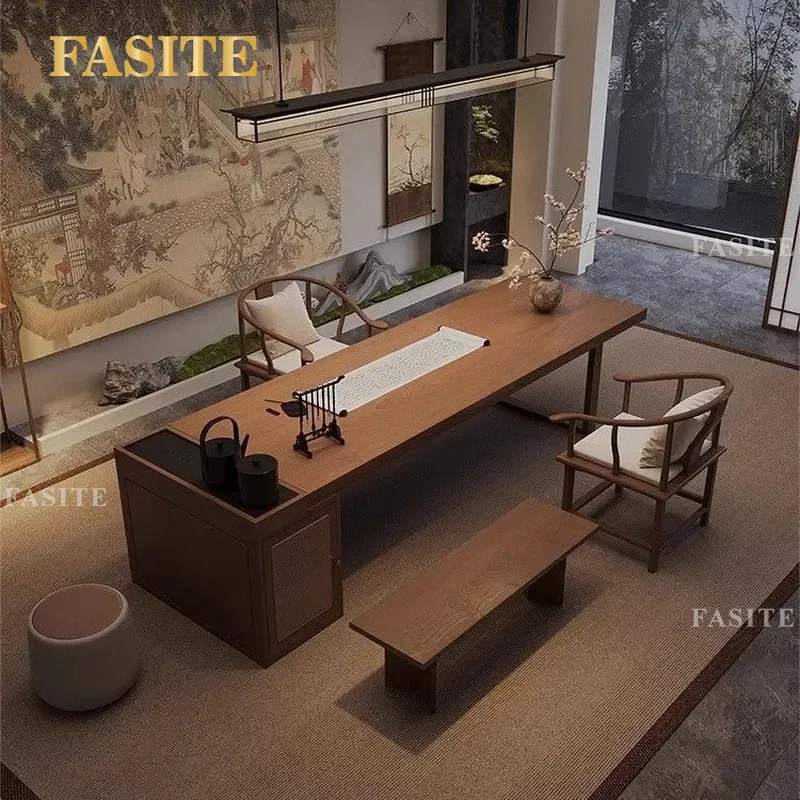 For New Chinese Song Dynasty Aesthetics Solid Wood Tea Table Desk Integrated Writing Office Reception Negotiation Furniture