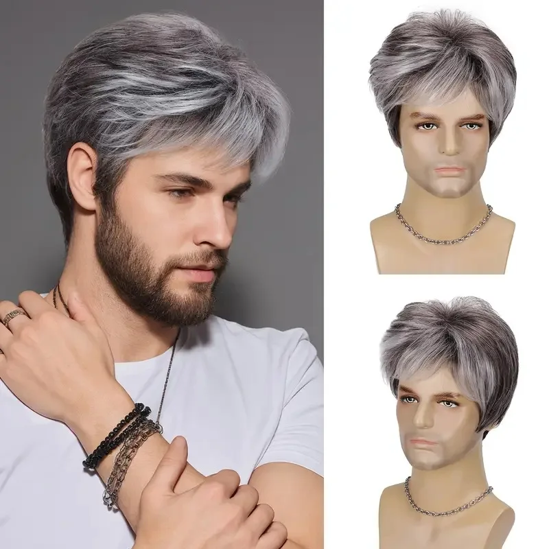 

Мужской короткий многослойный парик с седыми прядями (соль-перец) и белыми акцентами, термостойкий, из синтетических волос, для повседневной носки