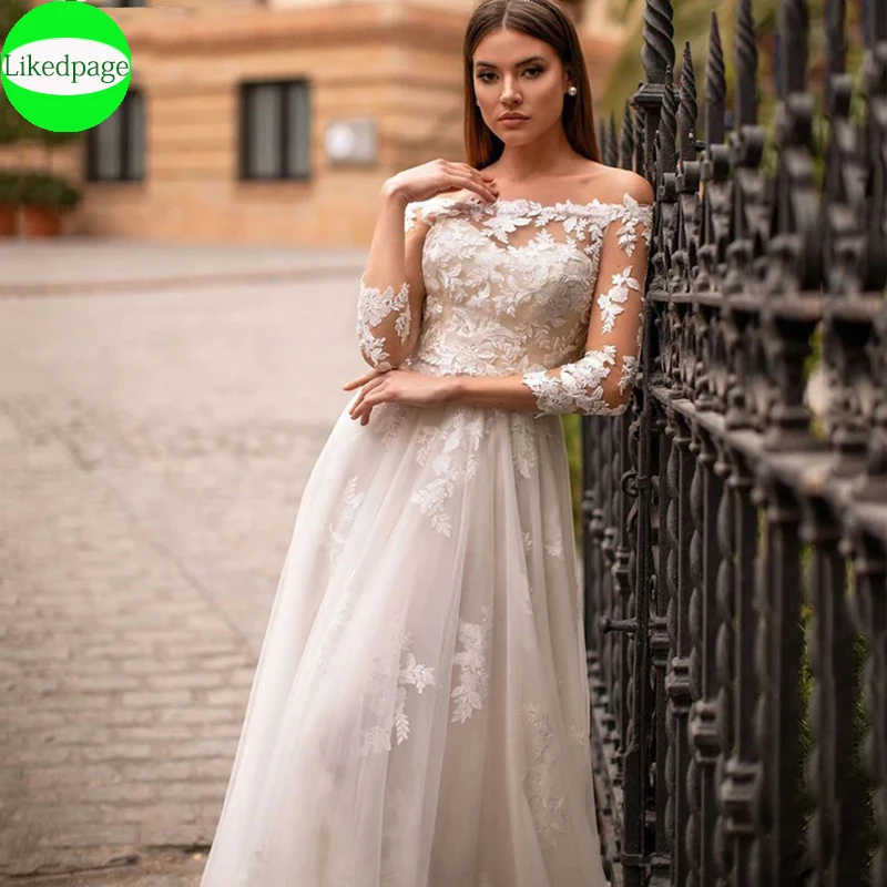 Elegantes vestidos de casamento Strapless A Line, Boat Neck, Apliques Lace, Vestido nupcial Boho com mangas, 2024