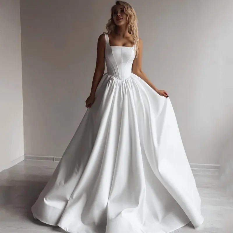 New Elegant A-line wedding sleeveless wedding Bohemian Beach square collar backless Beach Auditorium Outdoor bridal dress