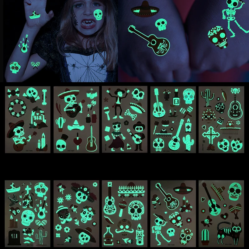 10pcs Halloween Luminous Temporary Tattoo Sticker Guitar Witch Skull Waterproof Body Art Decor Kid Fake Tatoo Glow In The Dark