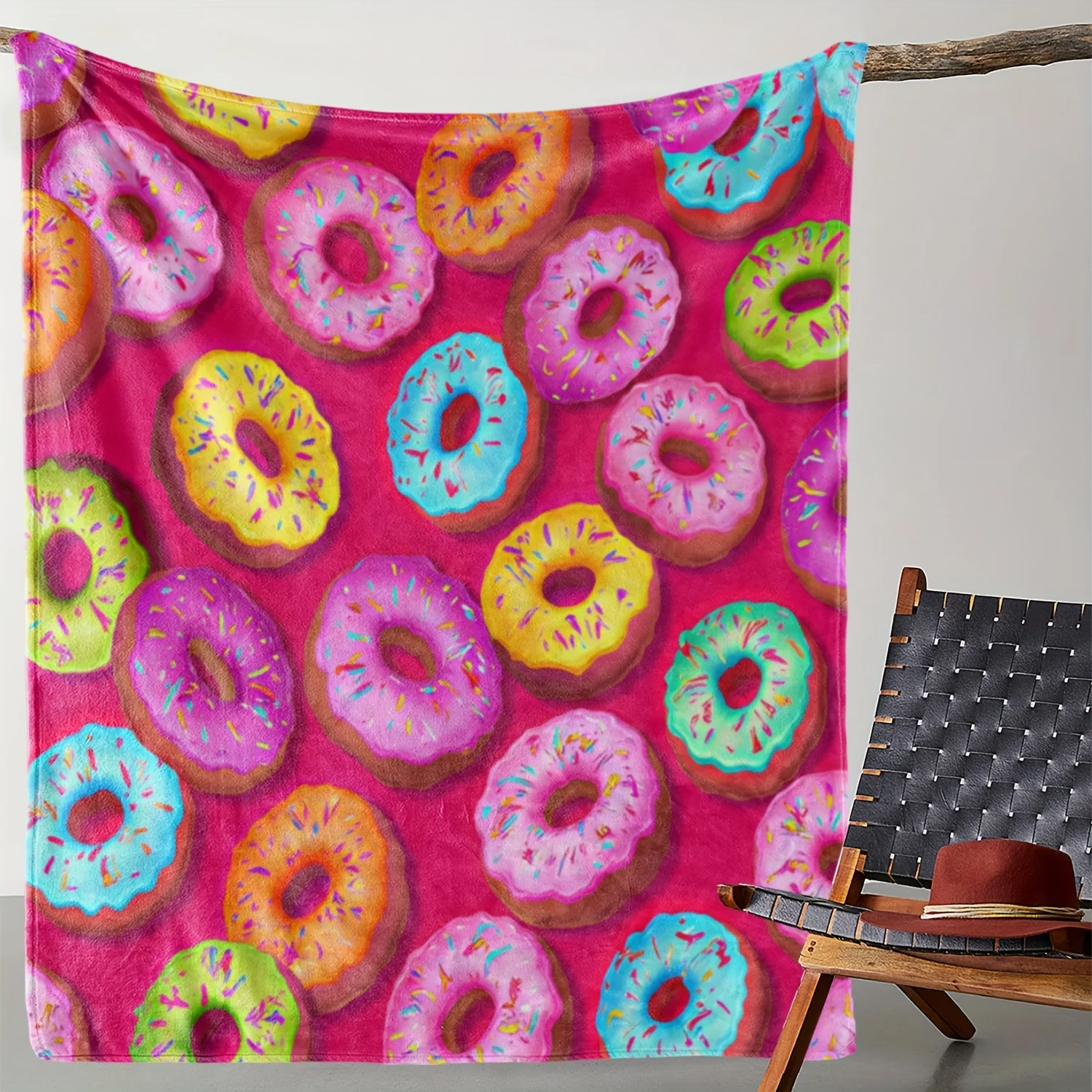 1pc Zeal Lily Retro Donut Throw Blanket - Soft Flannel All-Season Couch Bedspread, Pastel Pink with Sprinkles in Pink, Blue