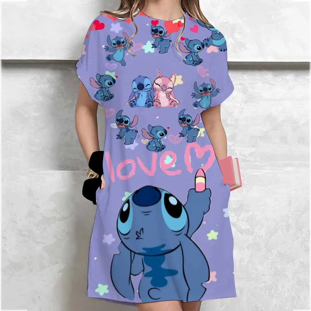 Label Size Women's Summer Casual Short Sleeve T-Shirt Dresses Nightgowns Casual O Neck Disney Stitch print White Dresses New Wo