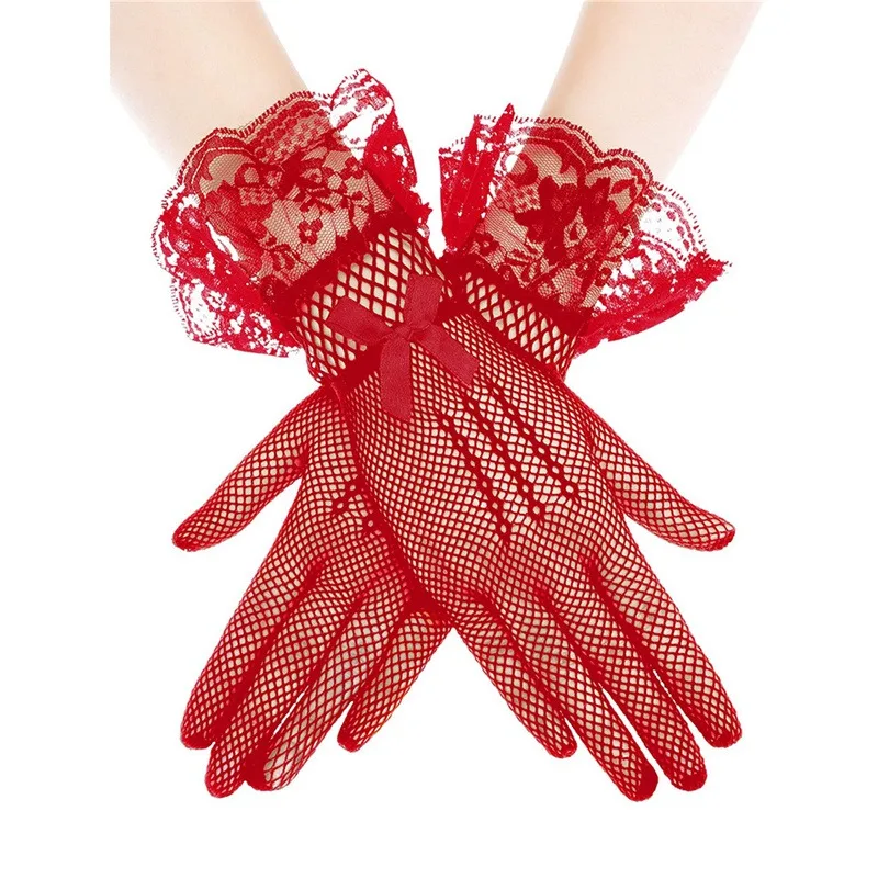 1 Pair Elegant Ladies Short Lace Gloves New Sheer Fishnet Mesh Black White Prom Party Female's Fashion Solid White Mittens image 3