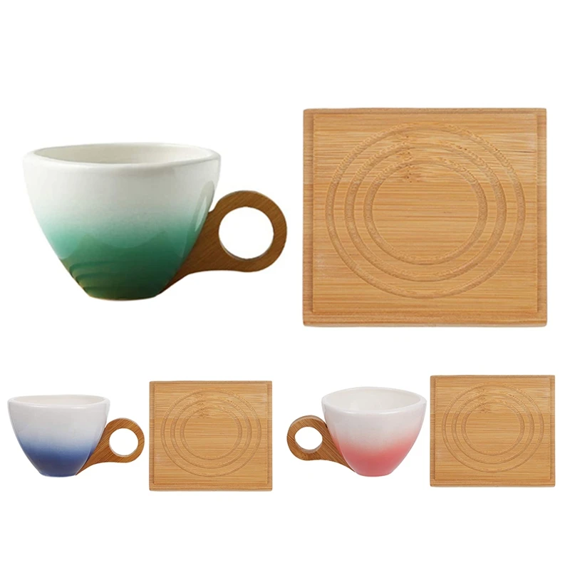 

European Gradient Color Ceramic Coffee Cup Set Gift Ideas With Bamboo Handle Coaster Ceramic Tea Cup