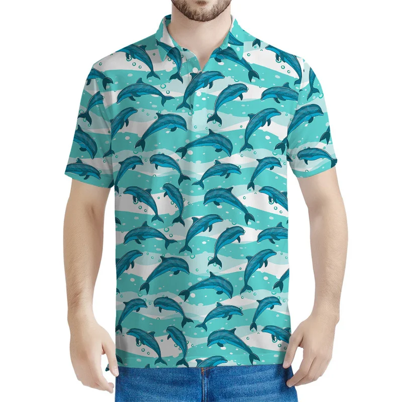 Cute Dolphin Graphic Polo Shirt Men 3D Printed Sea Animal Lapel Short Sleeves Kids Casual Summer Tees Tops Loose Button T-shirt