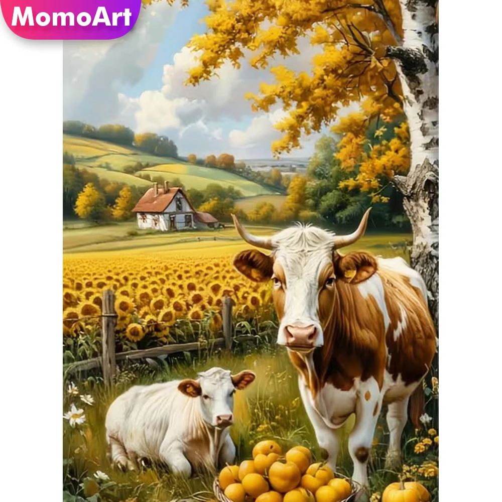 Momoart Diamant-Stickerei Rinder Tierbild DIY Bild Strass Diamant-Mosaik Sonnenblumen-Stickerei Handgemachtes Geschenk