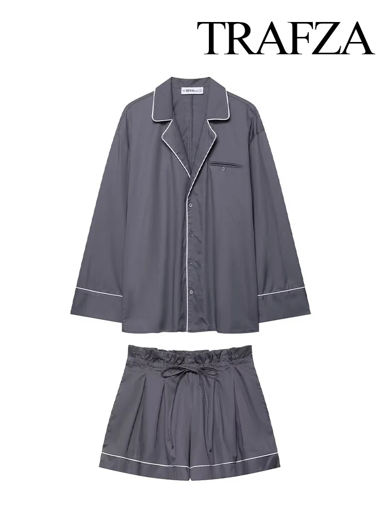 

TRAFZA Women Fashion Single-breasted Long Sleeve Lapel Poplin Frill Shirts+Loose Pocket Elastic Waist Drawstring Shorts Suit