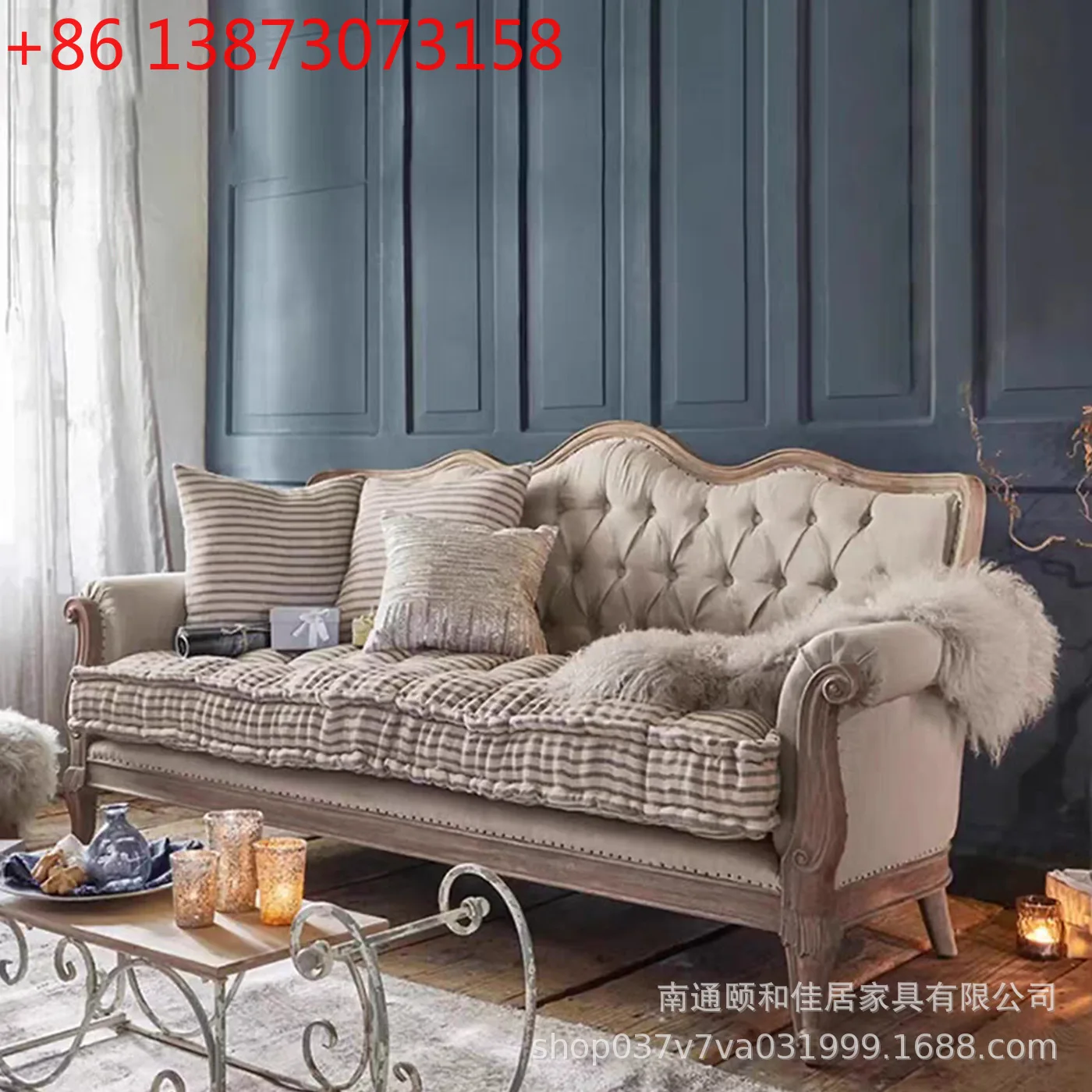 

American carved retro simple solid wood sofa combination, linen cloth art buckle leisure sofa