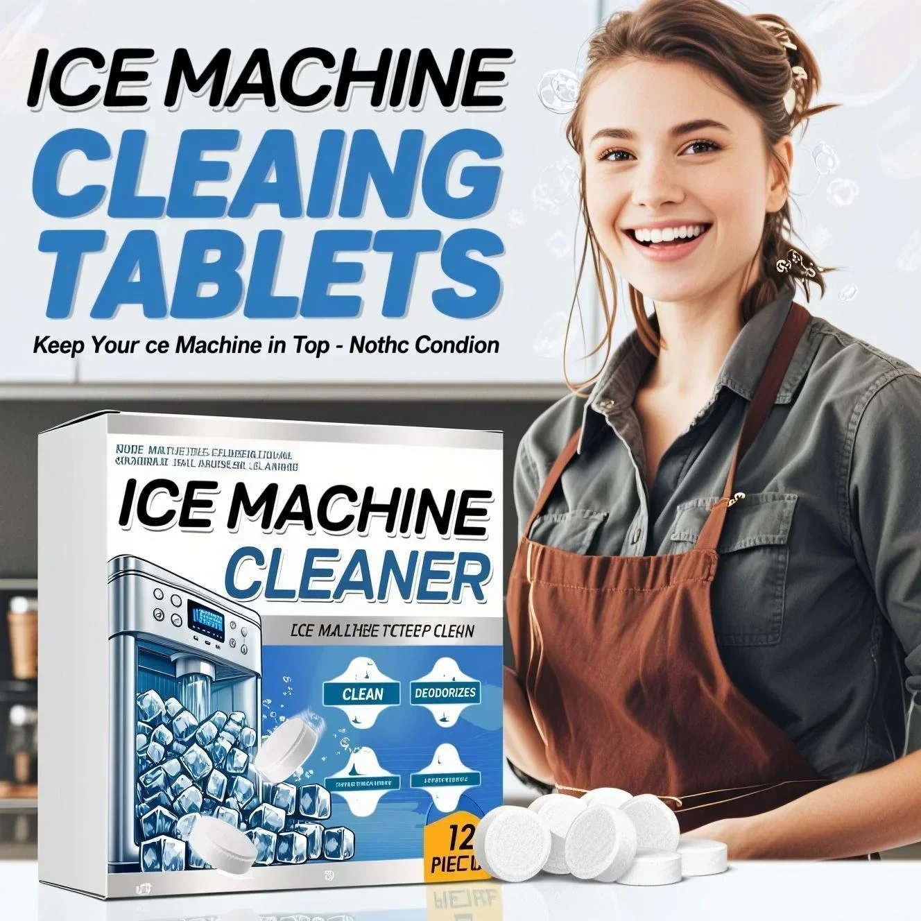 Tabletas Limpiadoras para Máquinas de Hielo Todo en Uno, 12 Unidades - Eliminación Profunda de Cal, Suciedad y Olores para Prolongar la Vida Útil de Todos los Modelos.