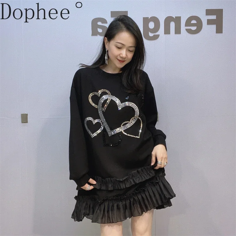 Spring Autumn Space Cotton Sweater Dress Shiny Love Hot Drilling O-neck Pullover Top Mid-long Mesh Splicing Casual Sweatshirt