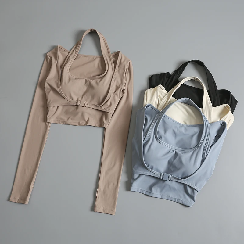 

Yoga suit with chest pad for women in spring and autumn long-sleeved sports running top professional dance high-end fitness suit