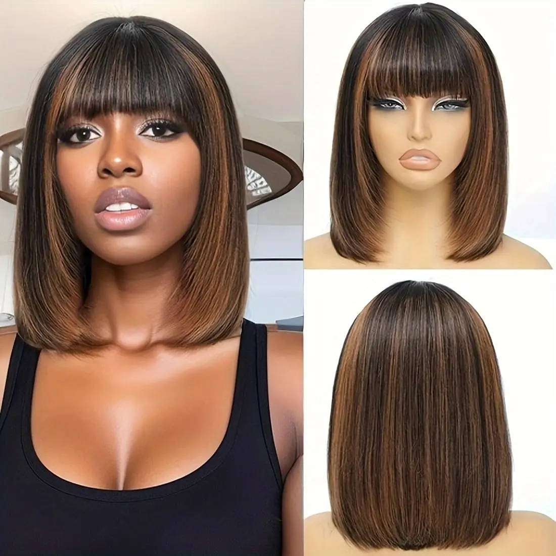 

12 Inch Short Bob Wig with Bangs Brown Highlight Wig 3x0.6 Inch Lace Bob Wig 180% Density Layered Cut Bob Wig 100% Human Hair