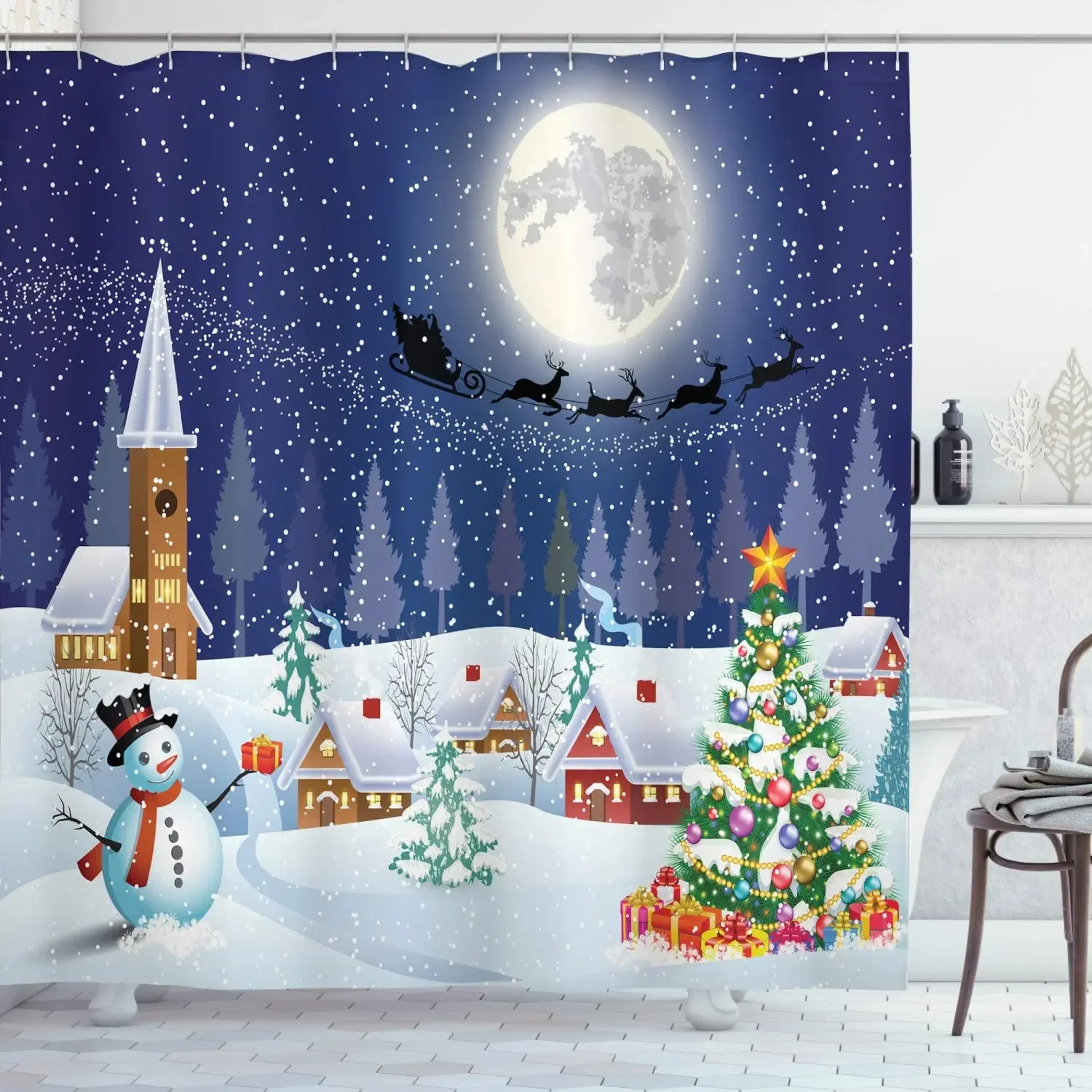 Winter Holiday Merry Christmas Deer Pull The Santa Claus Snowflakes Beautiful Shower Curtain By Ho Me Lili