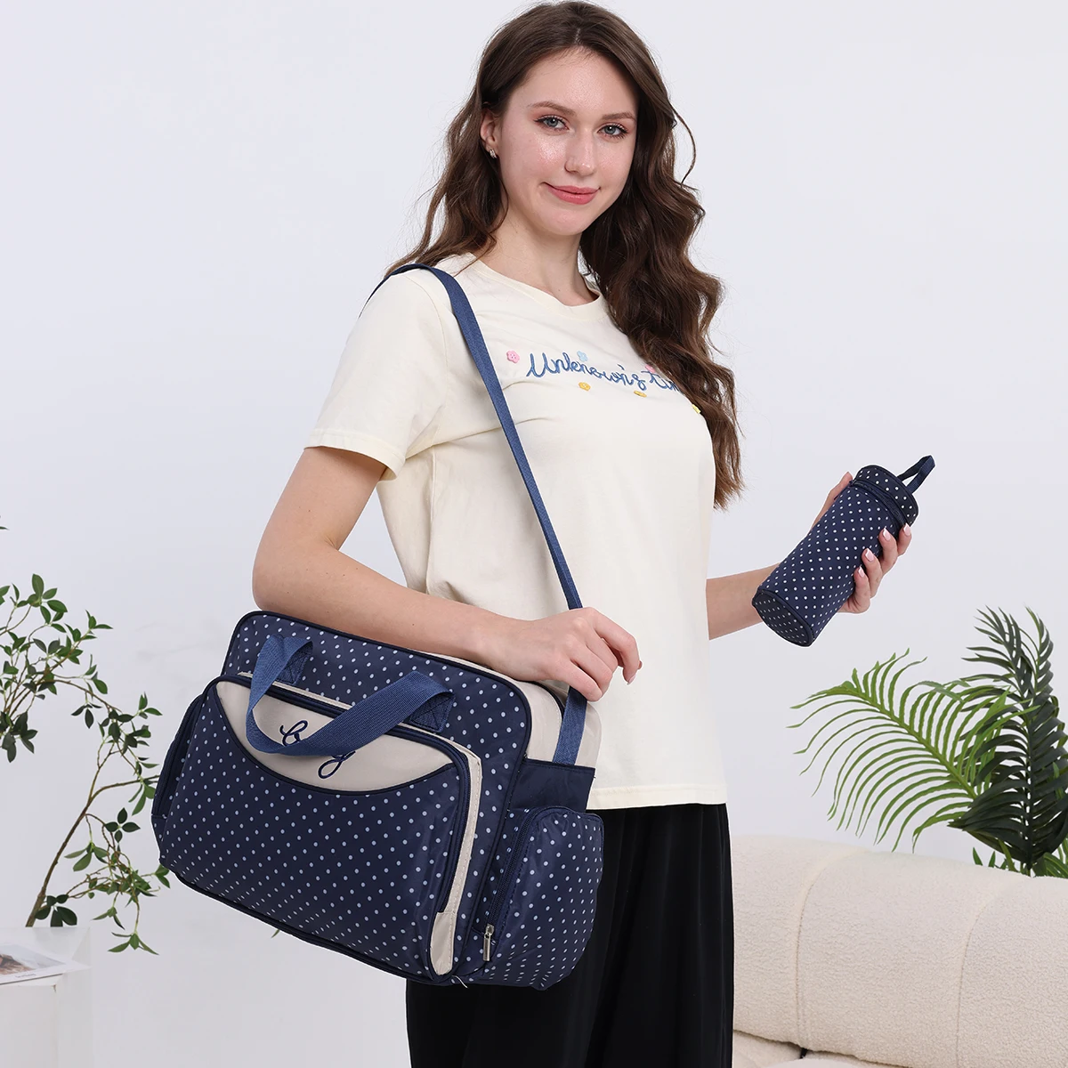 5PCSMommy Bag Fashion Dot Print Oblique Span Large Capacity Outgoing Mother and Baby Bag Portable One Shoulder Mother Diaper Bag