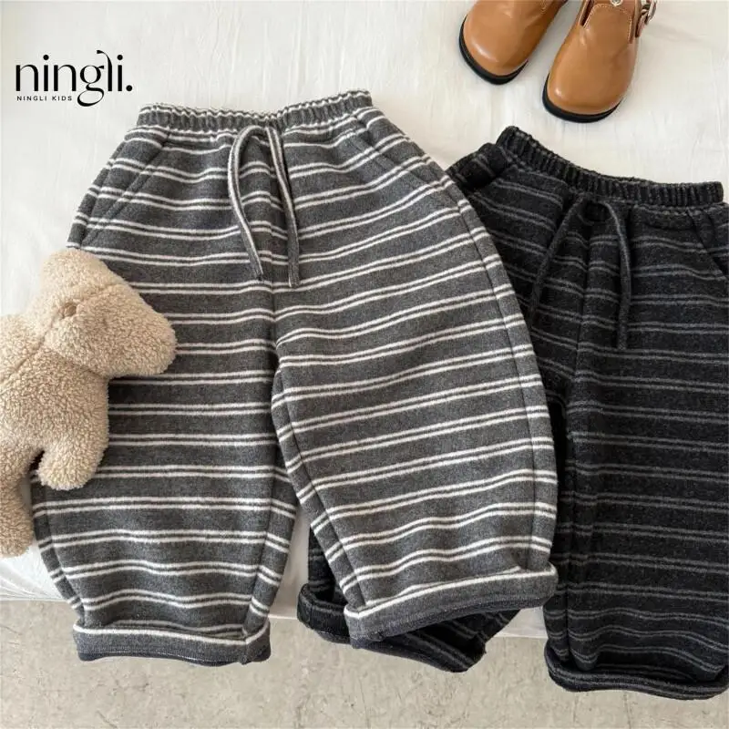 

Girl Thicken Pants Autumn Winter Boy Stripe Elastic Waist Straight-Leg Pants Child Versatile Kawaii Fashion New Casual Clothing