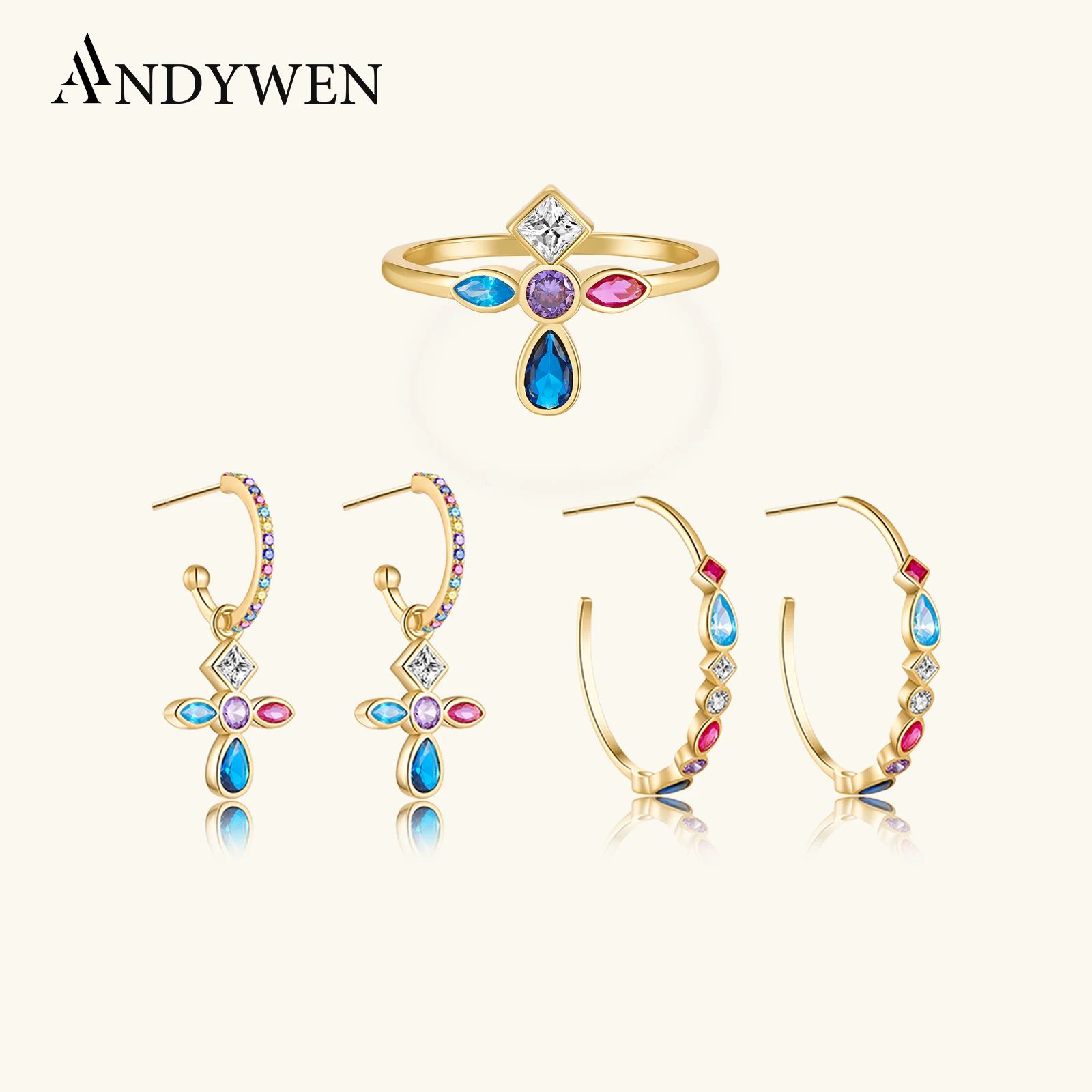 

ANDYWEN 925 Sterling Silver Five Color Gold Rainbow Cross Drop Earring Hoops Piercing Ring Jewelry Set For Women Fashion Jewels