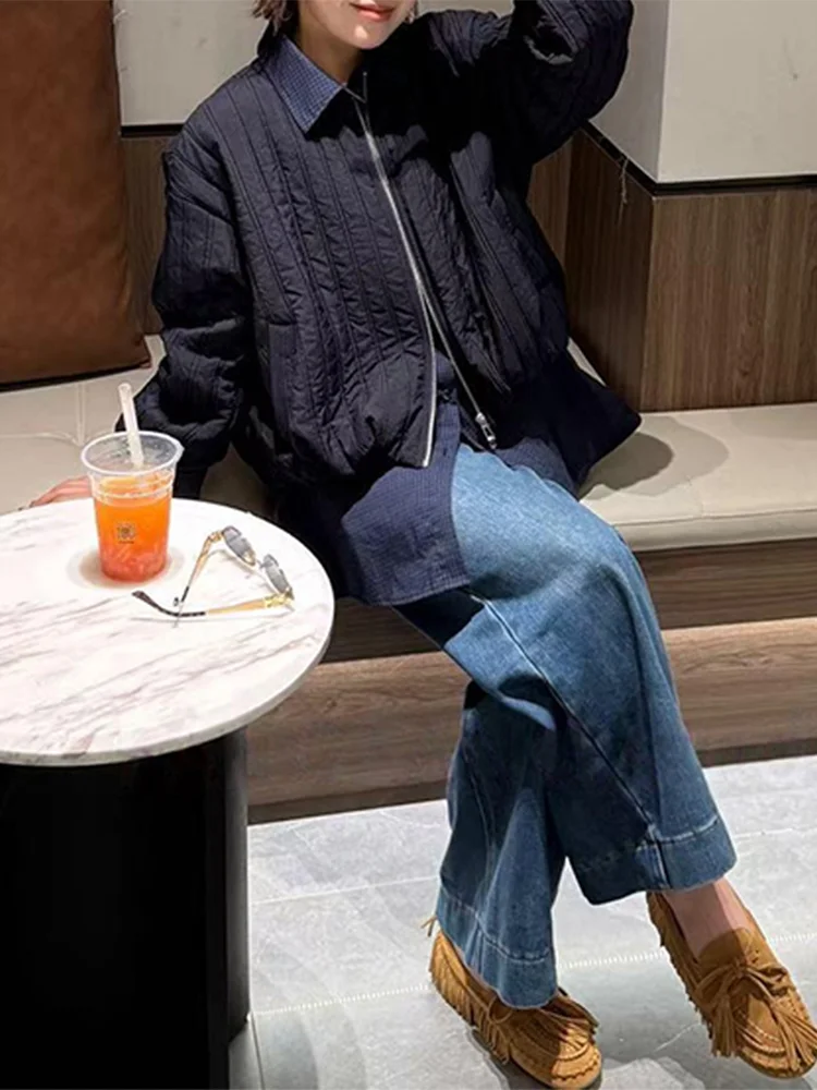 

Корейская женская зимняя куртка с воротником-стойкой, пэчворк, на хлопковом пуху, новая, легкая, теплая, верхняя одежда, имитация двухслойного хлопкового пальто