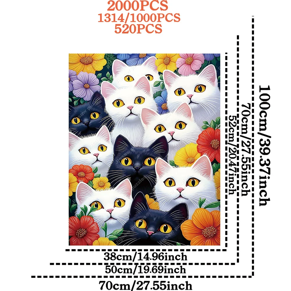 1000/2000/1314/520pcs Extra Large Jigsaw Puzzle for Adults - White & Black Cats with Floral, Challenging Large Jigsaw with Vib