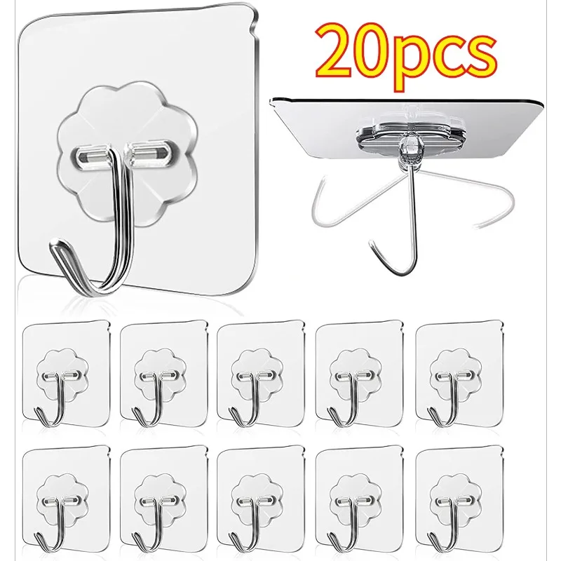 Transparent Self Adhesive Wall Hooks Punch-Free Heavy Duty Flower Shape Sticky Hanging Hooks for Bathroom Kitchen Home Storage