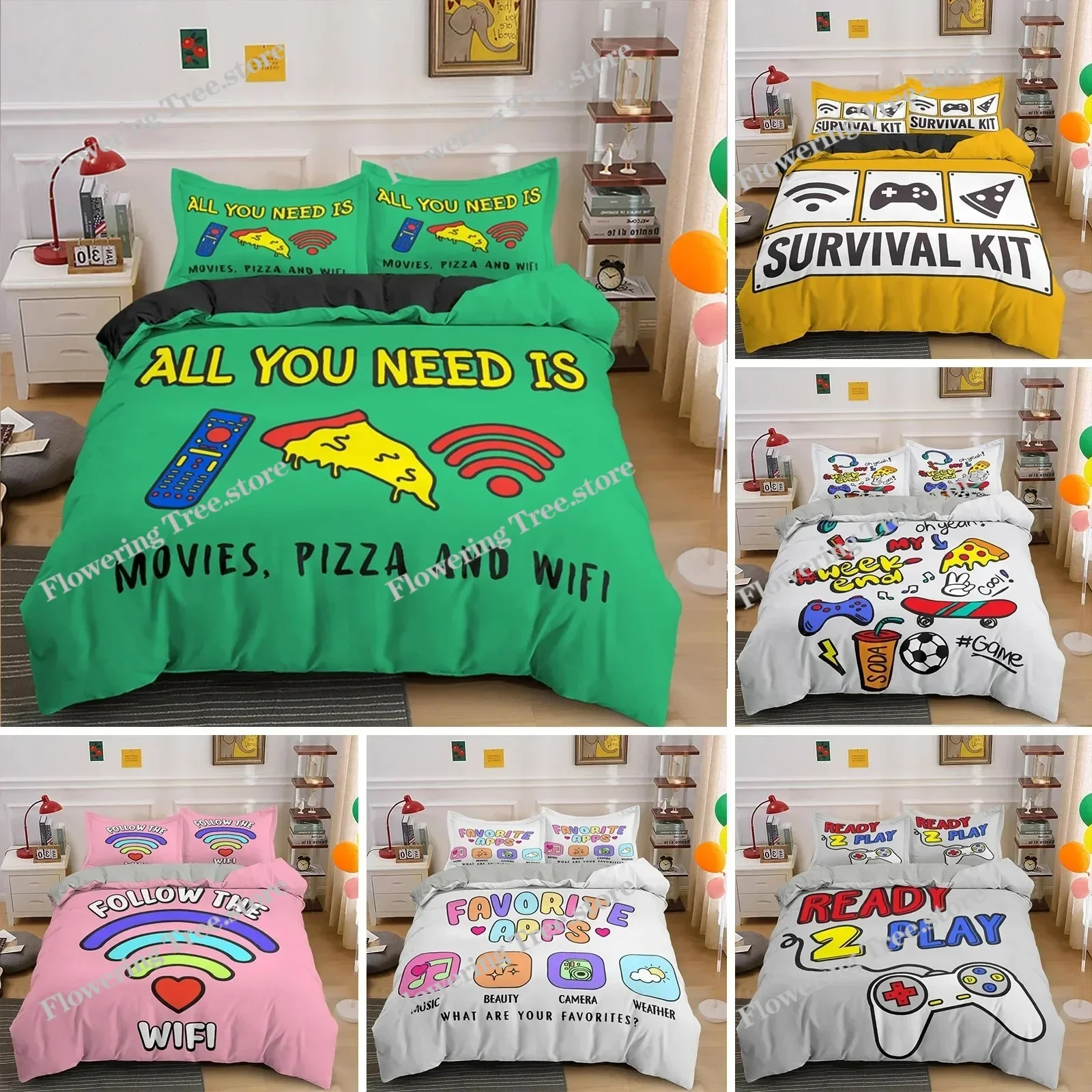 

Game Pizza King Queen Duvet Cover Cartoon Gamepad Skateboard Bedding Set Youth Cool Headphone Wifi Polyester Quilt Cover