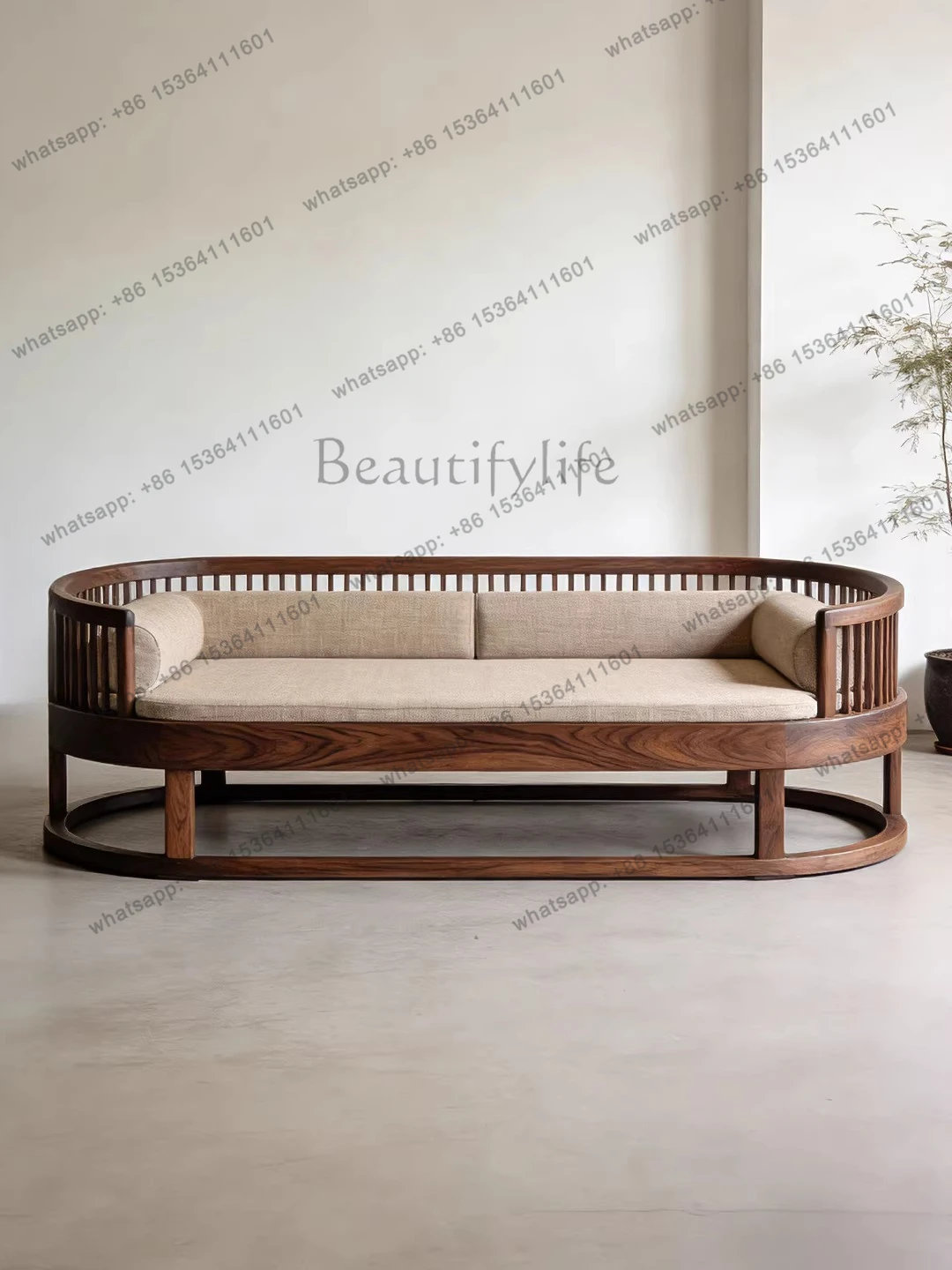 

New Chinese-style North American black walnut straight-row sofa living room solid wood oval sofa