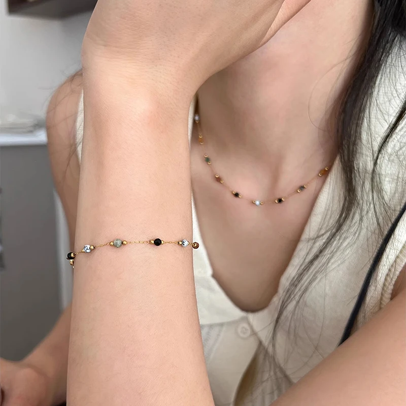 Natural Stone Splice Beaded Bracelet and Necklace; Presenting a Unique Blend of Retro Style and Light Luxury for Women.