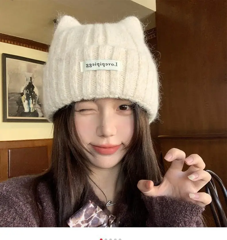 Cat Ear Beanie for Women Winter Warm Ear Protection Hat Solid Color Woolen Crochet Bonnet Sweet Girl Knit Pullover Cap Skullcaps