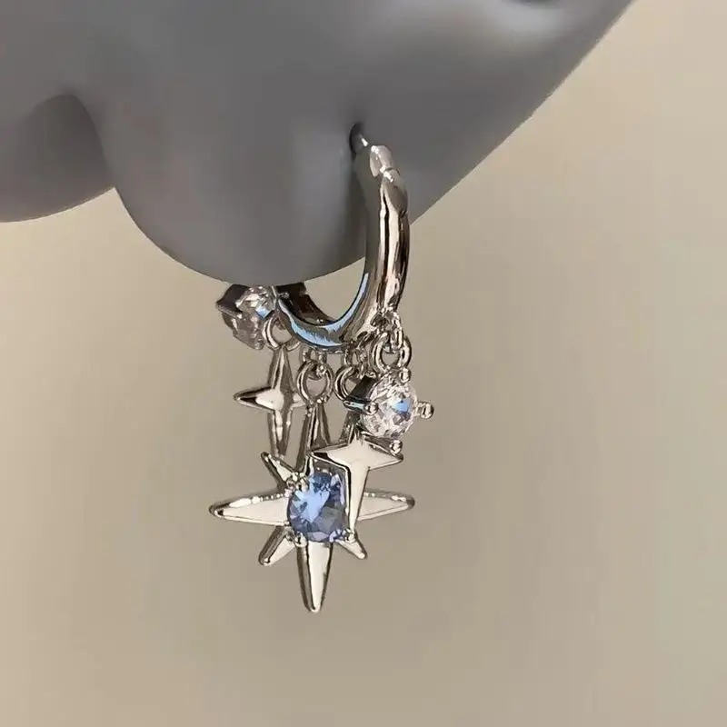1Pair Blue Zircon Eight-Pointed Star Pendant Earrings For Women Silver Color Star Tassel Ear Buckle Y2K Jewelry Gift.