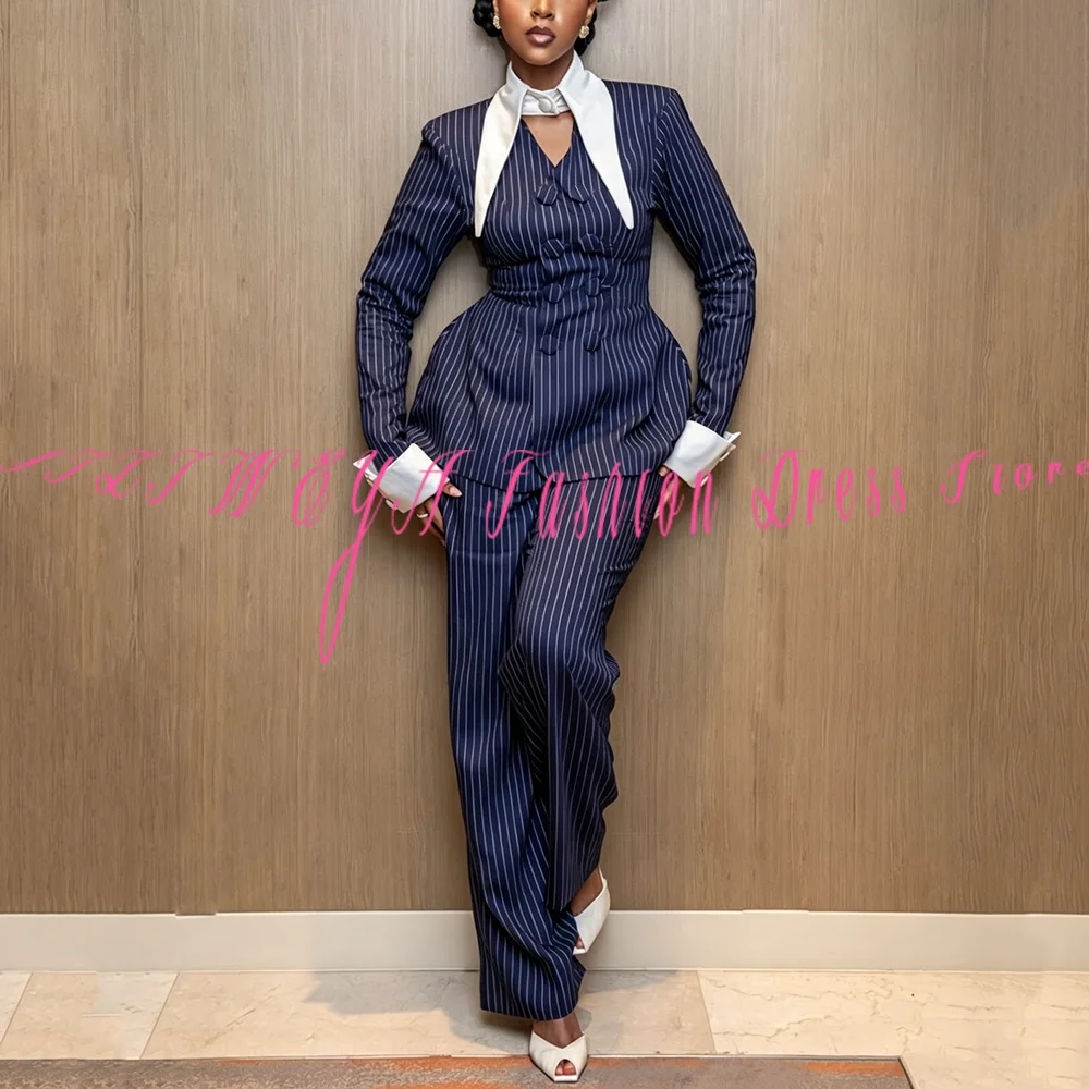 Navy Pinstripe Double Breasted Blazer Suit For Women Jacket Wide Leg Pants Two Piece Set Elegant Formal Party Office Outfit