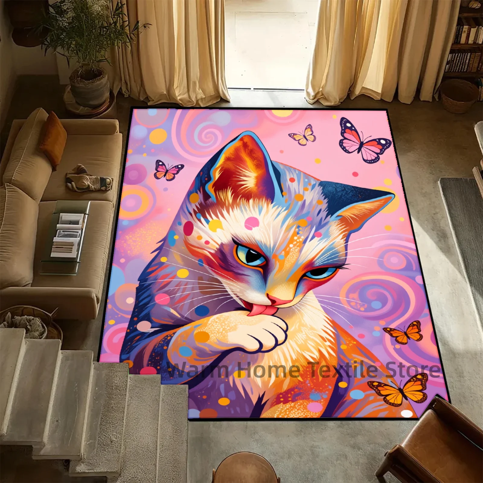 Strange Cats Carpet Abstract Pop Art Floor Rug Washable Anti-Slip Unique Optical Illusion Rug for Living Room Popular Rug Gifts