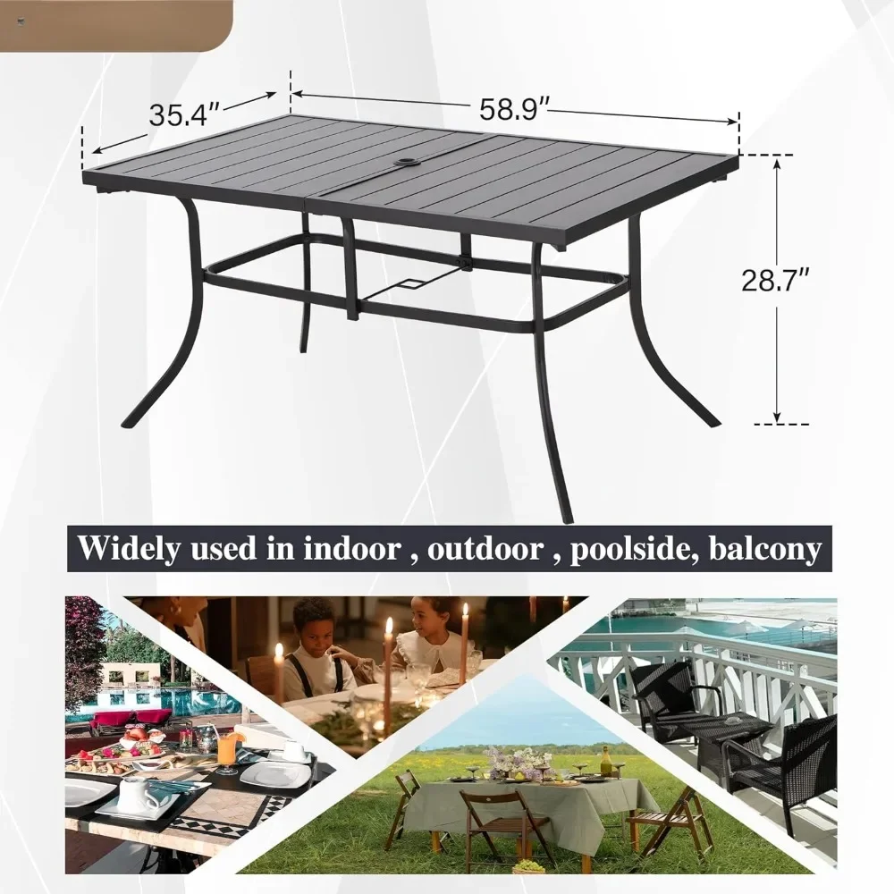 Outdoor Dining Tables for 6 People, Rectangular Metal Patio Outdoor Dining Table, Black Steel Slatted Weather-Resistant Table