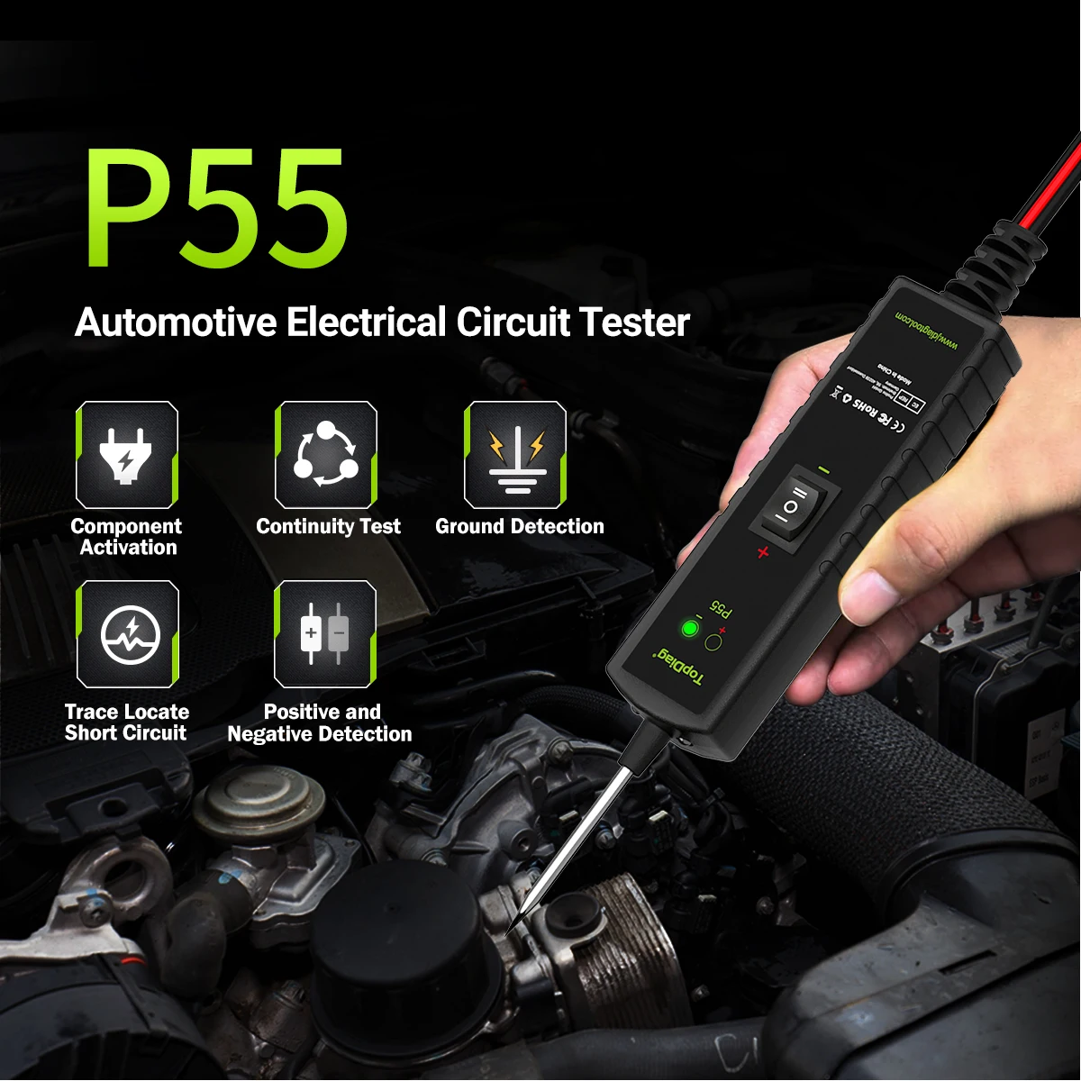 

Topdiag P55 Automotive Power Circuit Probe Tester 12V 24V Car Test Light Electrical Diagnostic Tool Kit AC DC Short Finder